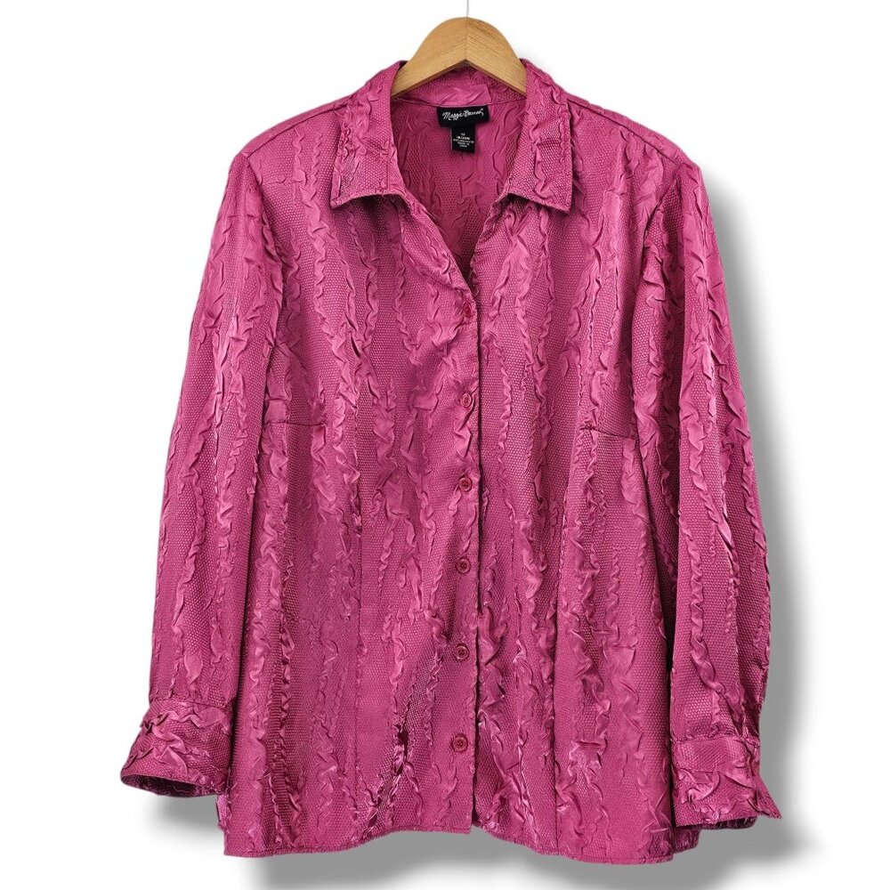 Maggie Barnes Button-Up Blouse Pink Textured Long Sleeve Womens 1X Work Dressy